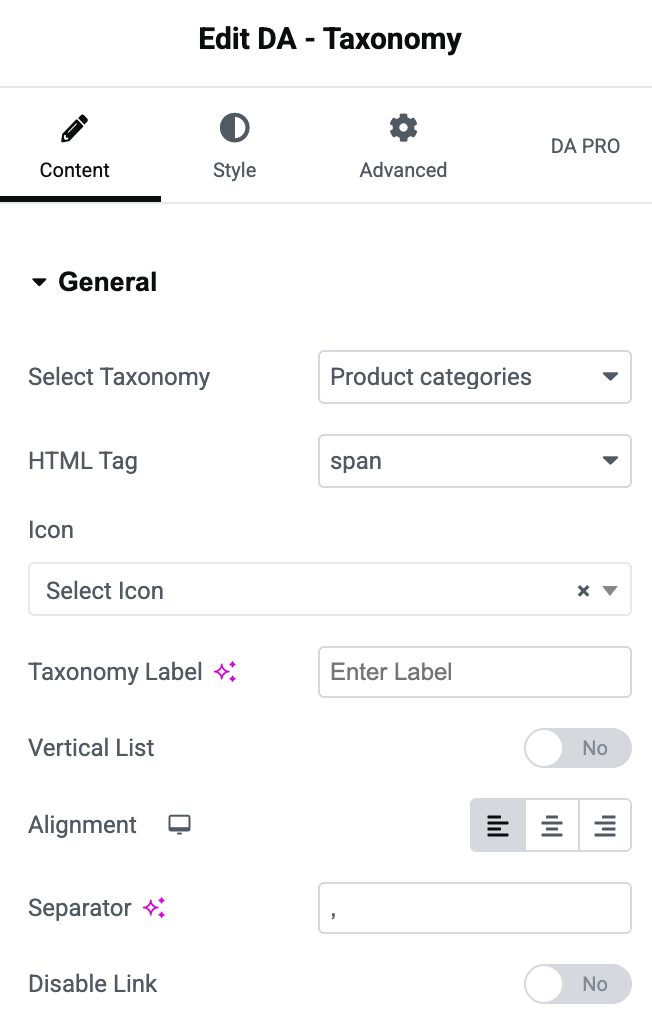 DA - Taxonomy - WP Builder Addons